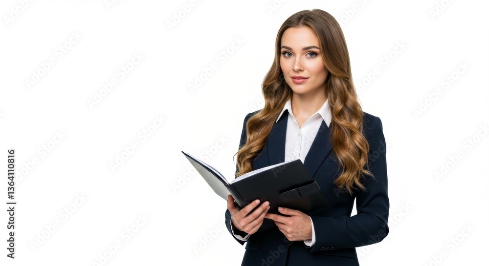 Professional businesswoman in formal attire holding a notebook for corporate presentation or office tasks Professional businesswoman in formal attire holding a notebook for corporate presentation or office tasks