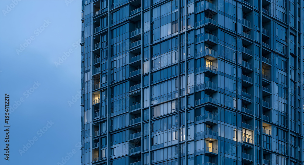 Modern Tall Residential Building With Lit Windows At Evening Modern Tall Residential Building With Lit Windows At Evening
