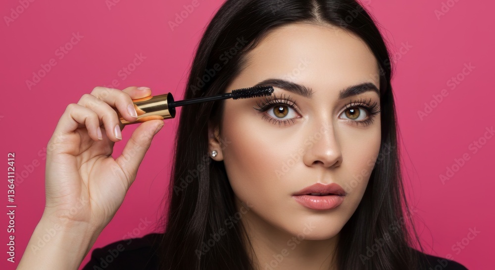 Beauty routine with mascara application on pink background Beauty routine with mascara application on pink background
