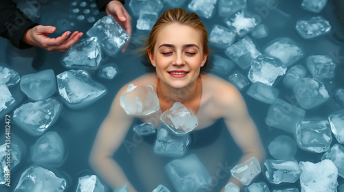 Girl or woman ice bathing in the cold water among ice cubes with the teacher or trainer. Wim Hof Method, cold therapy, breathing techniques, yoga and meditation