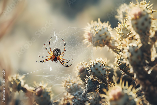 Spider spinning web among cactus plants, desert landscape setting