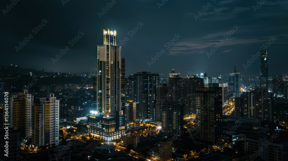 Naklejka premium A night shot of an iconic city building illuminated by lights, standing out against the dark sky with a sense of grandeur.
