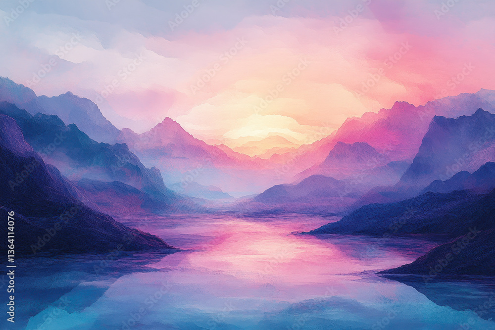 Fototapeta premium Vivid painting: serene mountains, tranquil water, sunset glow in the background.