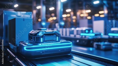 A futuristic warehouse featuring automated conveyor systems transporting packages under vibrant blue and orange lighting. showcasing advanced logistics technology in action