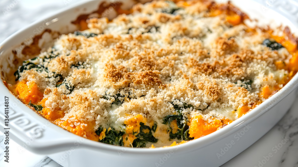 A spinach and sweet potato casserole topped with breadcrumbs and cheese. A spinach and sweet potato casserole topped with breadcrumbs and cheese.