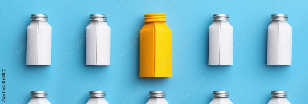 Creative Arrangement of White and Yellow Milk Bottles on Blue Background Highlighting Contrast Creative Arrangement of White and Yellow Milk Bottles on Blue Background Highlighting Contrast