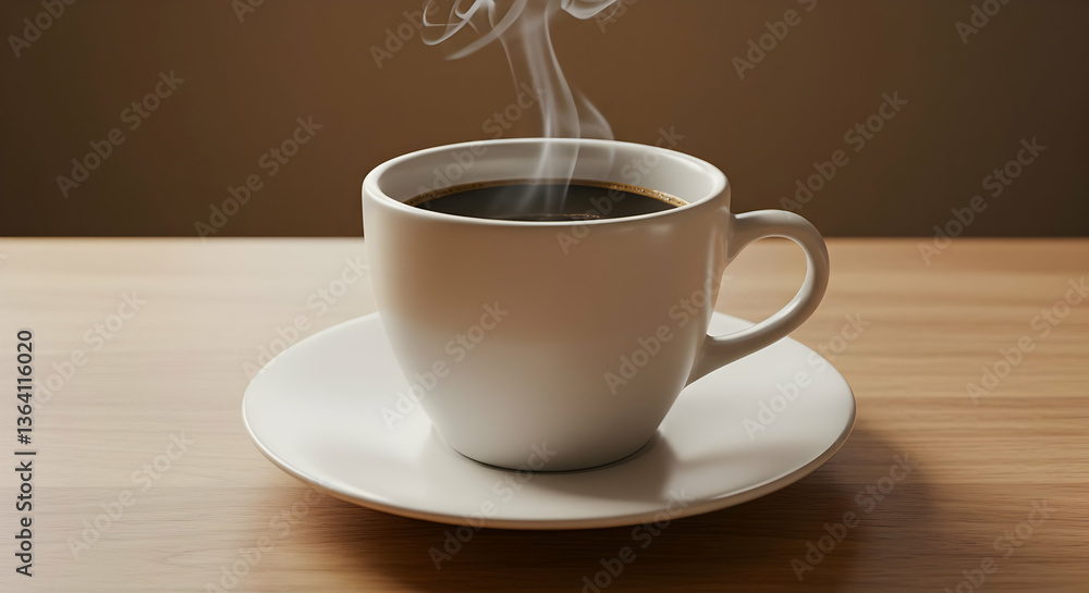 White Coffee Cup With Steam On Wooden Table White Coffee Cup With Steam On Wooden Table