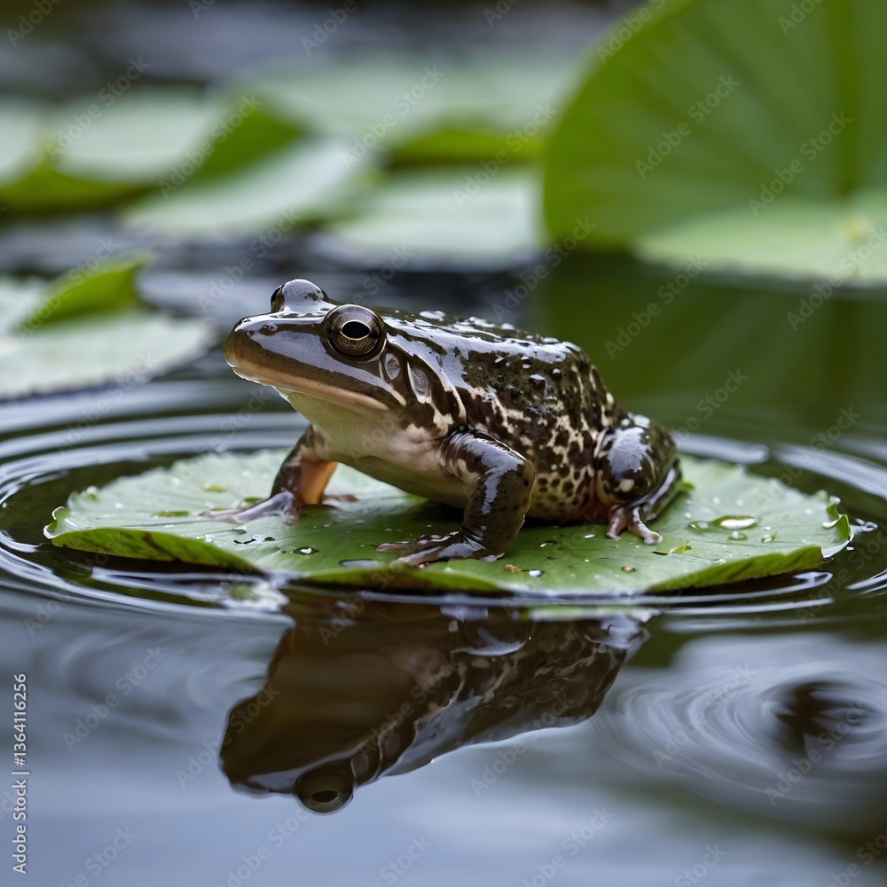 Graceful African Clawed Frog Hopping Across Lily Pads in a Peaceful Pond Graceful African Clawed Frog Hopping Across Lily Pads in a Peaceful Pond