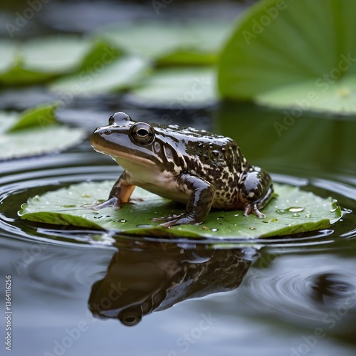 Graceful African Clawed Frog Hopping Across Lily Pads in a Peaceful Pond