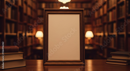 Empty Picture Frame In A Vintage Library