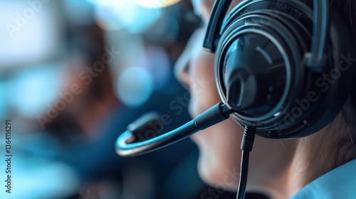 Professional emergency call center operator with headset on duty. Minimalist
