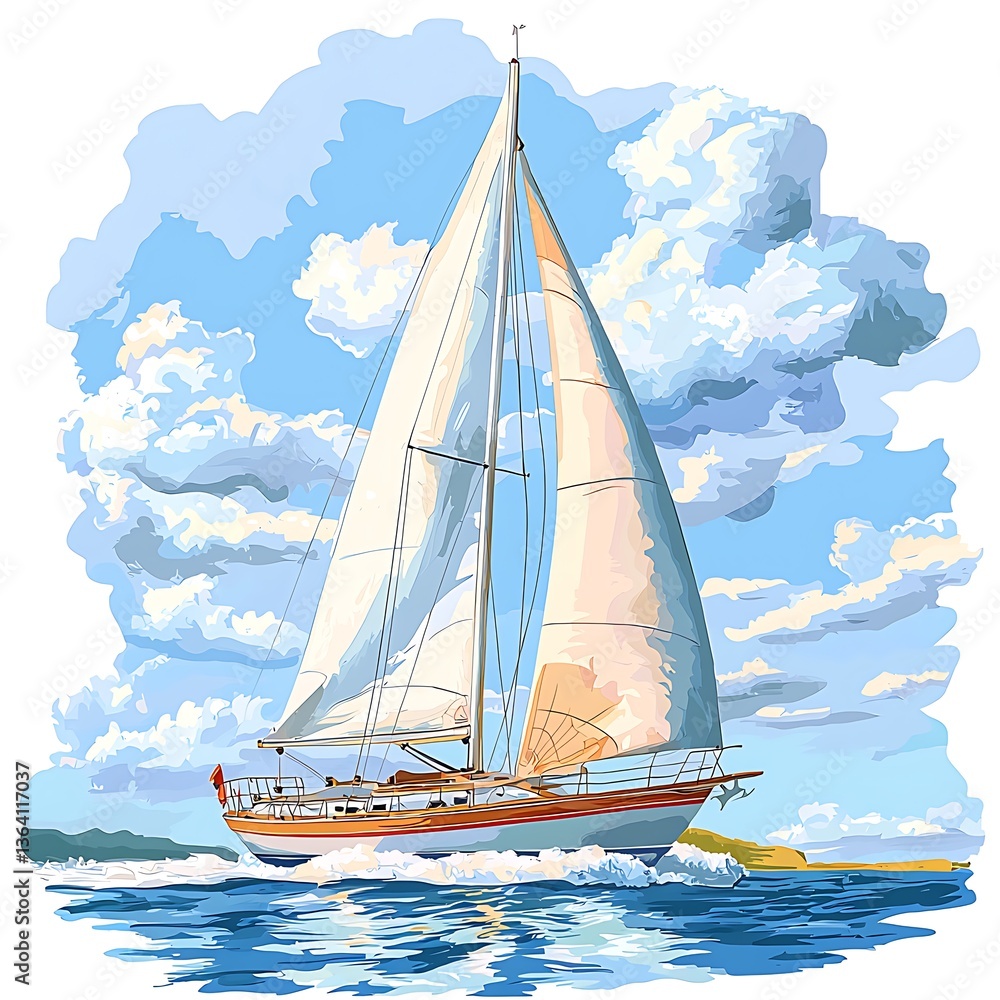 Fototapeta premium Sailboat Gracefully Sailing on a Sunny Day. A picturesque illustration of a yacht navigating the ocean under a vibrant sky.