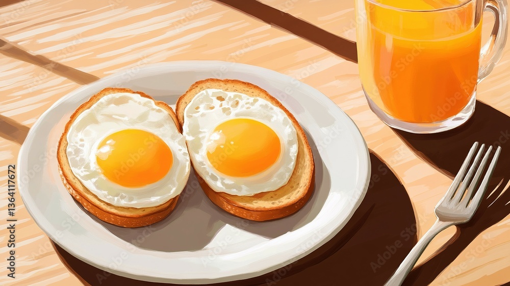 A sunny breakfast featuring eggs toast juice and utensils is visible A sunny breakfast featuring eggs toast juice and utensils is visible