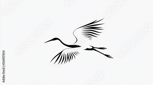Flying Crane Bird Line Art Minimalist Graphic.