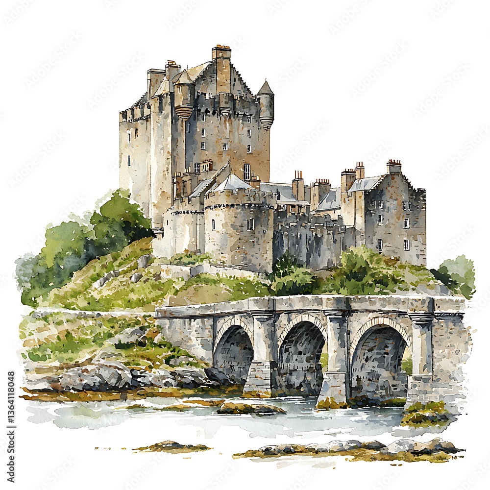 Obraz premium Majestic Castle and Stone Bridge A Watercolor Painting of a Historic Landmark.