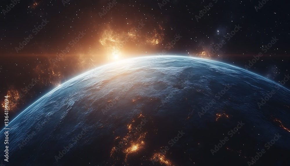 Obraz premium A beautiful blue planet with light emerging from the horizon