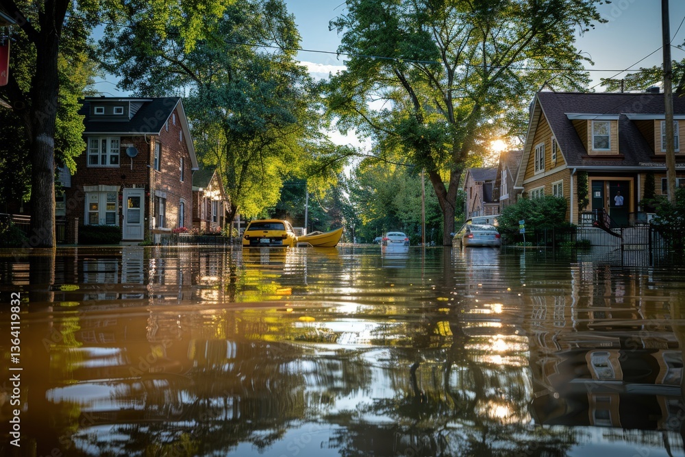 Obraz premium A flooded street scene with houses and vehicles partially submerged, illuminated by sunlight filtering through the trees.