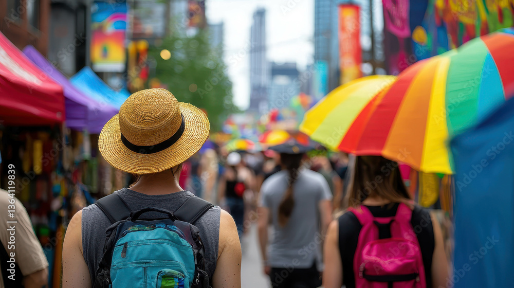 Obraz premium Colorful Street Festival with Vibrant Umbrellas and Festival Goers in Urban Setting