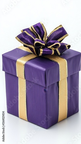 Elegant purple gift box adorned with a shimmering gold ribbon placed on a table for gifting