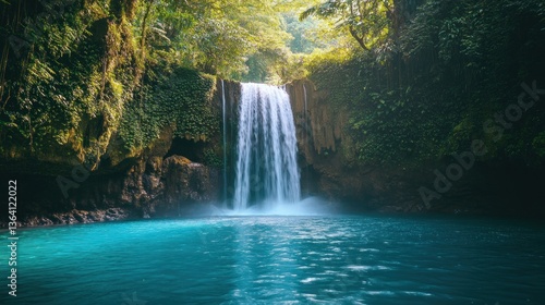 Serene tropical waterfall dropping into a crystal turquoise pool surrounded by vibrant jungle vegetation