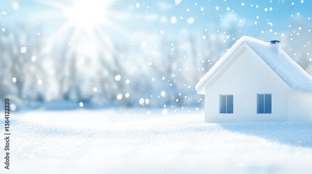 Fototapeta premium A serene winter landscape featuring a snowy house under bright sunlight.