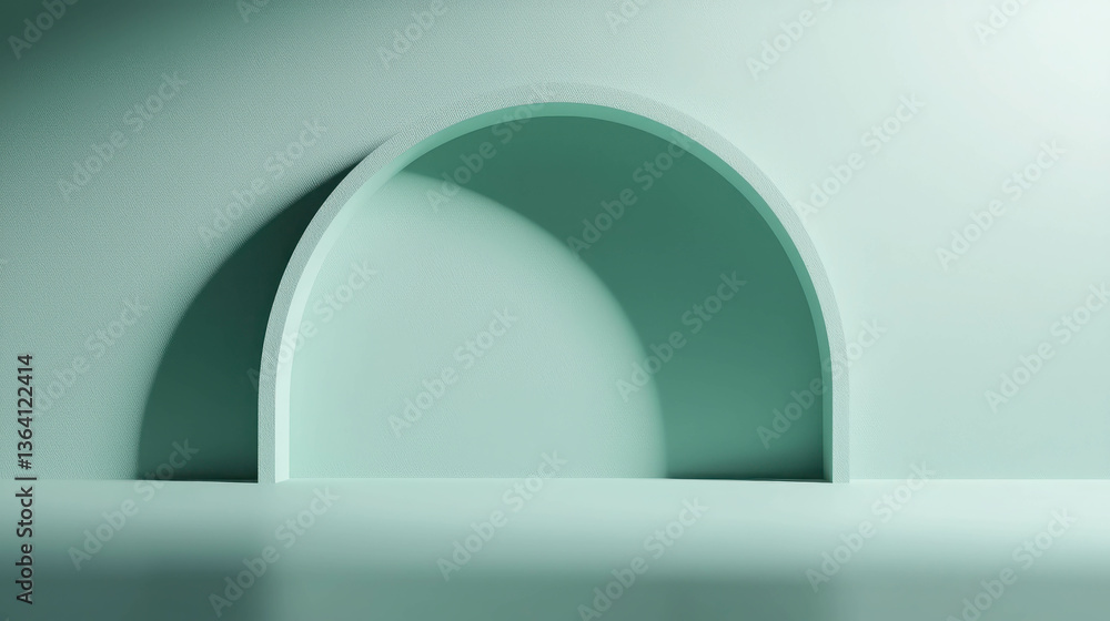 Fototapeta premium Minimalist Architectural Design with Soft Green Arch and Smooth Wall in Modern Interior Space
