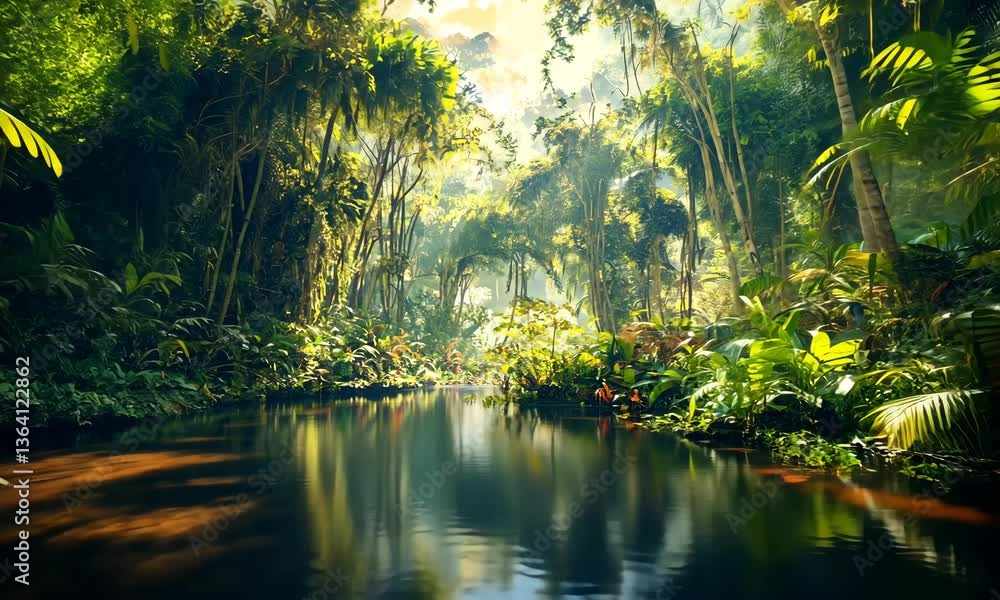 Lush Tropical Jungle with Serene River Flowing Through Vibrant Greenery and Sunlight Lush Tropical Jungle with Serene River Flowing Through Vibrant Greenery and Sunlight