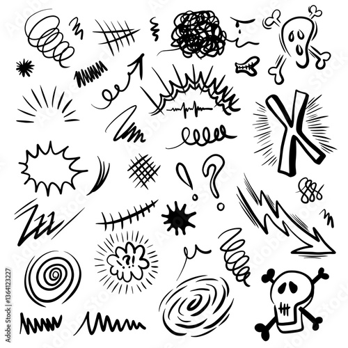 Hand drawn swearing icons in cartoon sketch stile. Simple doodle elements for concept design