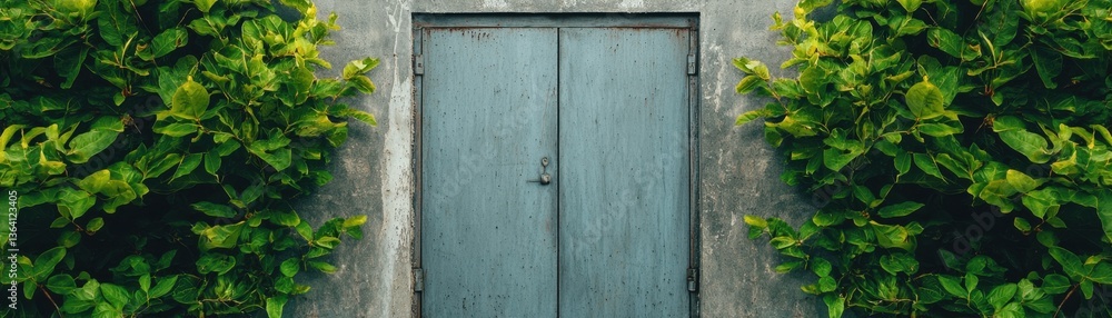 A weathered wooden door surrounded by lush green foliage. A weathered wooden door surrounded by lush green foliage.