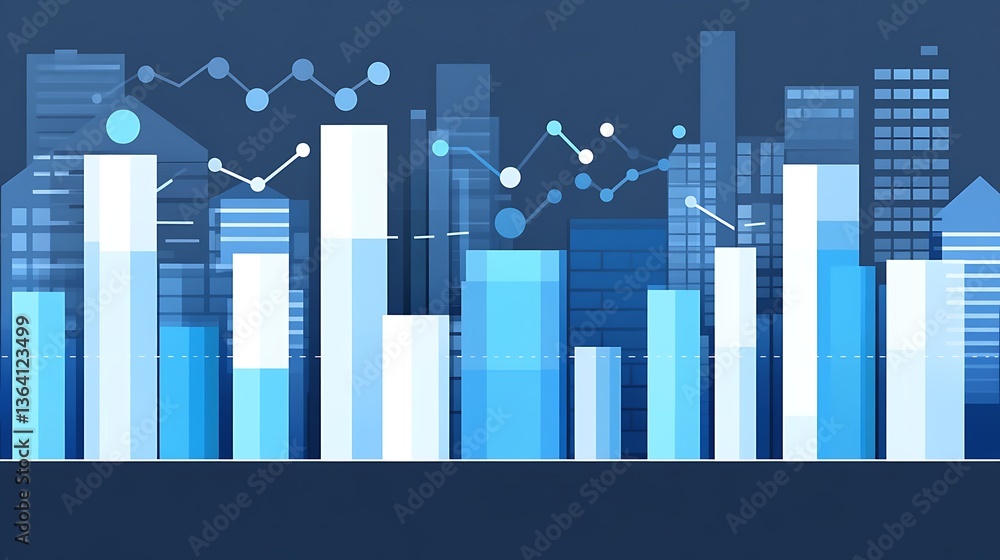 Fototapeta premium Abstract Cityscape with Financial Bar Graphs, Abstract cityscape with bar graphs and data points, representing financial growth
