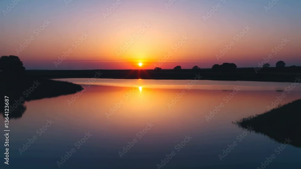 Serene sunset over calm river, silhouetted trees Serene sunset over calm river, silhouetted trees