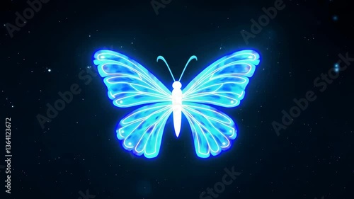 Blue glowing butterfly shaped light particle formation with intricate design and ethereal glowing effect