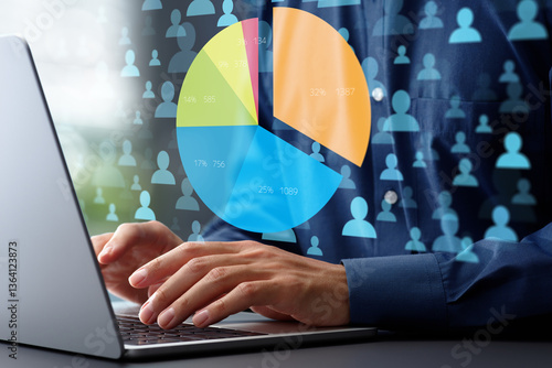 Customer segmentation analytics and target market research. Statistical marketing strategy and analysis of customer data. Circle graph and people icons. Marketer using laptop computer to analyze data.