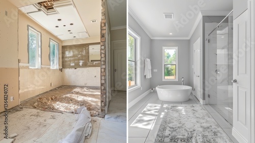 Before and after comparison of bathroom remodeling project. minimalist,