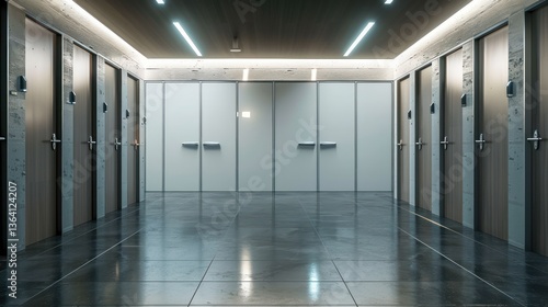 Large restroom facility with multiple bathroom stalls. minimalist,