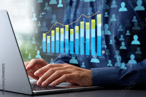 Obraz na płótnie Web analytics and statistical marketing strategy. Page view and conversion rate graph and customer icons. Analyst using laptop computer to analyze data. w salonie