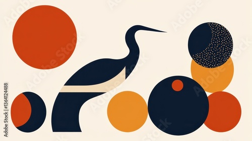 Abstract Heron Bird Art with Minimalist Design, and Geometric Shapes.