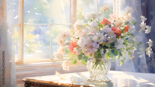 Fototapeta Naklejka Na Ścianę i Meble -  Watercolor pastel window sill and flower arrangement background poster decoration painting