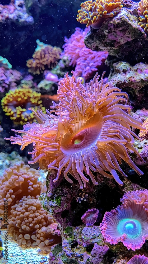 A beautiful anemone flourishing in an aquarium showcasing its colorful tentacles in a marine environment A beautiful anemone flourishing in an aquarium showcasing its colorful tentacles in a marine environment
