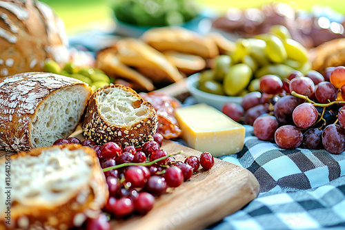 Table with a variety of food items including bread, cheese, grapes, and crackers. The tablecloth is checkered and the food is arranged in a way that makes it look inviting and appetizing