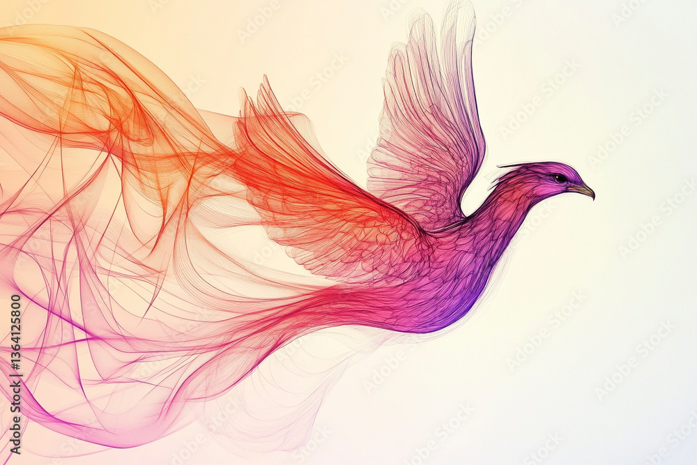 Obraz premium Phoenix Line Art in Flight with Flowing Multicolor Design