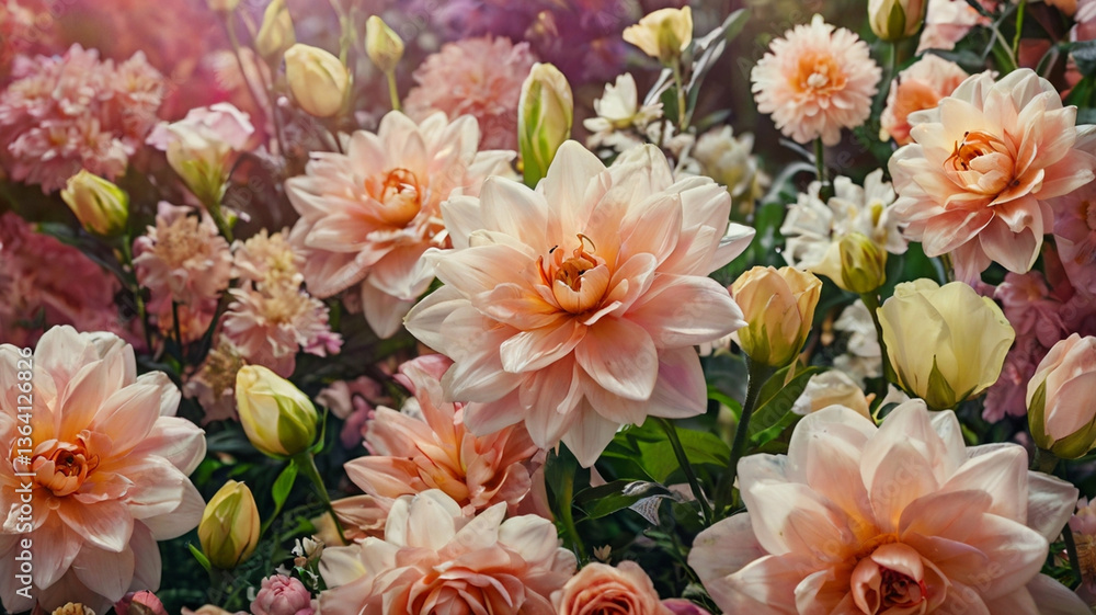 Ethereal dahlia bloom cluster displaying a soft romantic color scheme with gentle sunlight Ethereal dahlia bloom cluster displaying a soft romantic color scheme with gentle sunlight