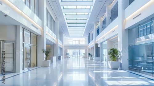Spacious hospital interior with high ceilings and natural light. minimalist,