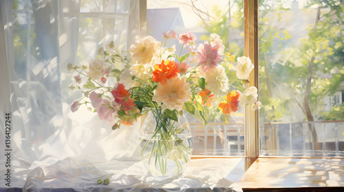 Fototapeta Naklejka Na Ścianę i Meble -  Watercolor pastel window sill and flower arrangement background poster decoration painting