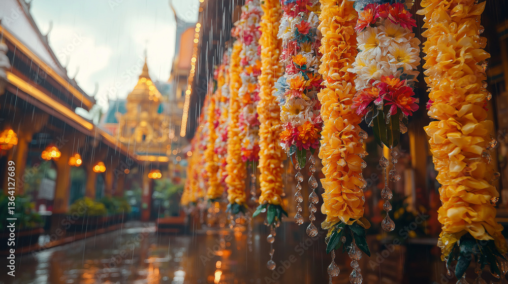 Obraz premium Vibrant water droplets and floral garlands capture the joy of a traditional water festival.