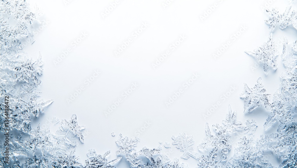 Frosty ice crystals frame. Delicate ice patterns adorn the edges of a pure white background. The ice crystals are intricate, exhibiting beautiful detail and a light gray-white hue Frosty ice crystals frame. Delicate ice patterns adorn the edges of a pure white background. The ice crystals are intricate, exhibiting beautiful detail and a light gray-white hue