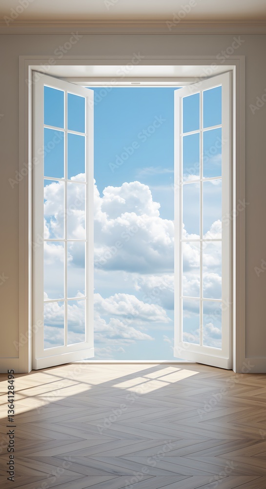 Fototapeta premium Bright morning light filters through open windows showcasing a clear blue sky with fluffy clouds in a serene indoor setting. wallpaper, an empty room with a large white french door open to a bright