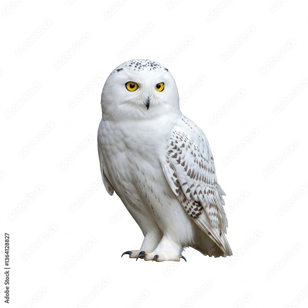 Obraz premium Snowy owl in flight isolated on white background, wildlife stock image in 16:9 aspect ratio, ideal for nature documentaries and conservation campaigns