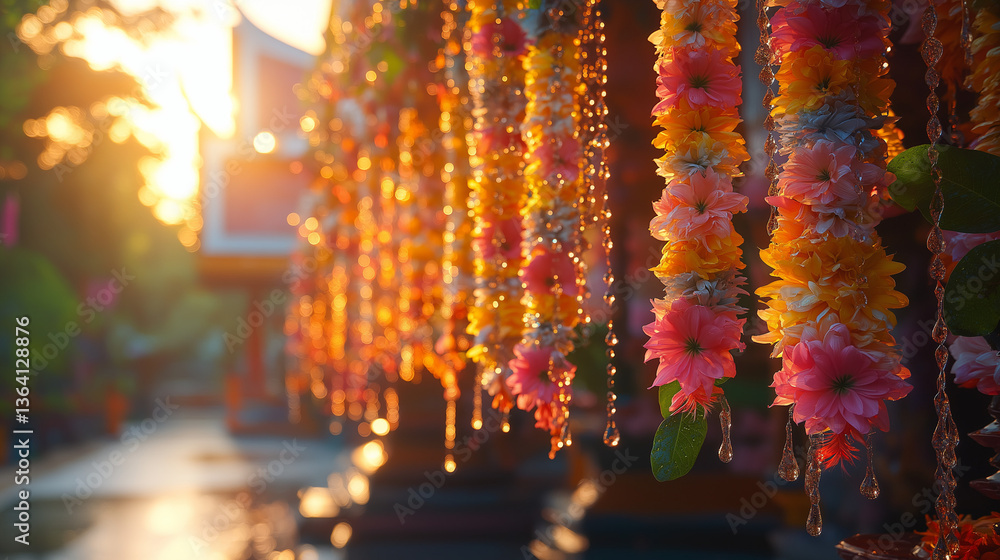 Fototapeta premium Vibrant water droplets and floral garlands capture the joy of a traditional water festival.