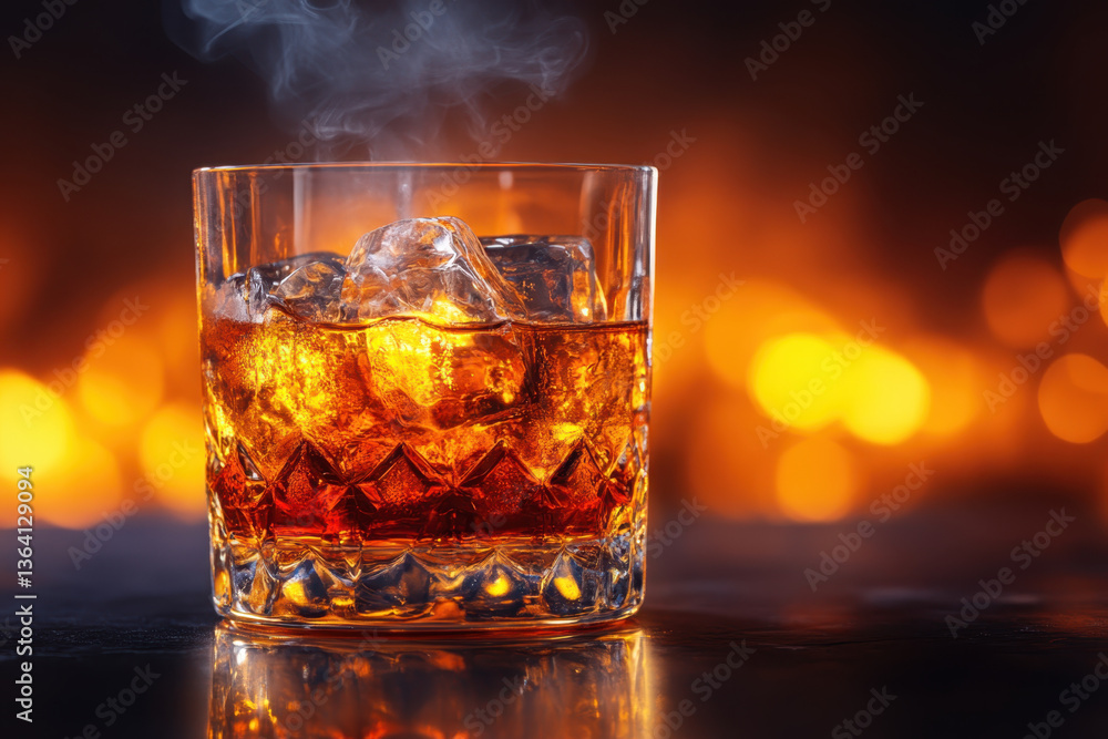 Glass of whiskey with ice cubes - amber liquid against dark background, condensation glistening, evoking warmth and sophistication. Glass of whiskey with ice cubes - amber liquid against dark background, condensation glistening, evoking warmth and sophistication.